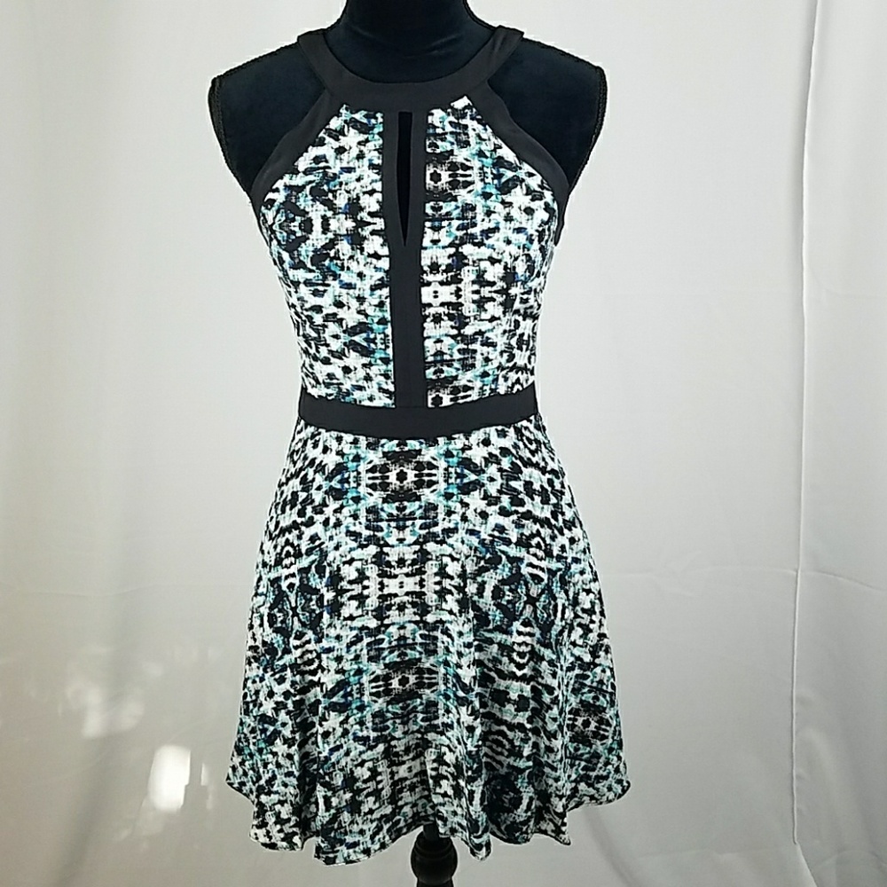 Parker women XS blue‎ black silk halter above knee dress abstract Cottagecore